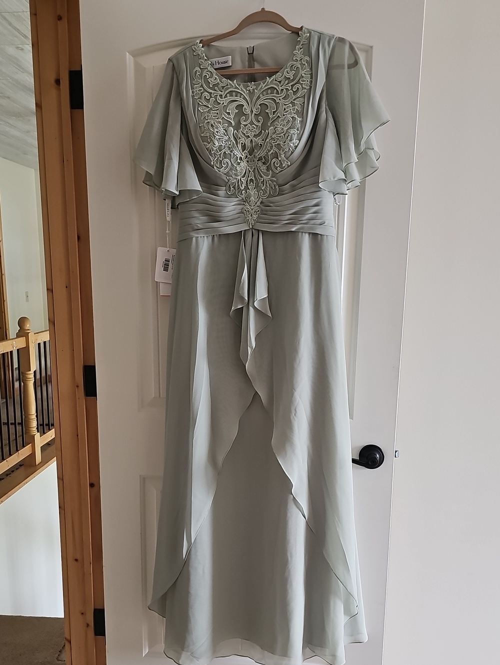 JJs House Sage Green Embroidered Flutter Sleeve Mother Of The Bride Gown